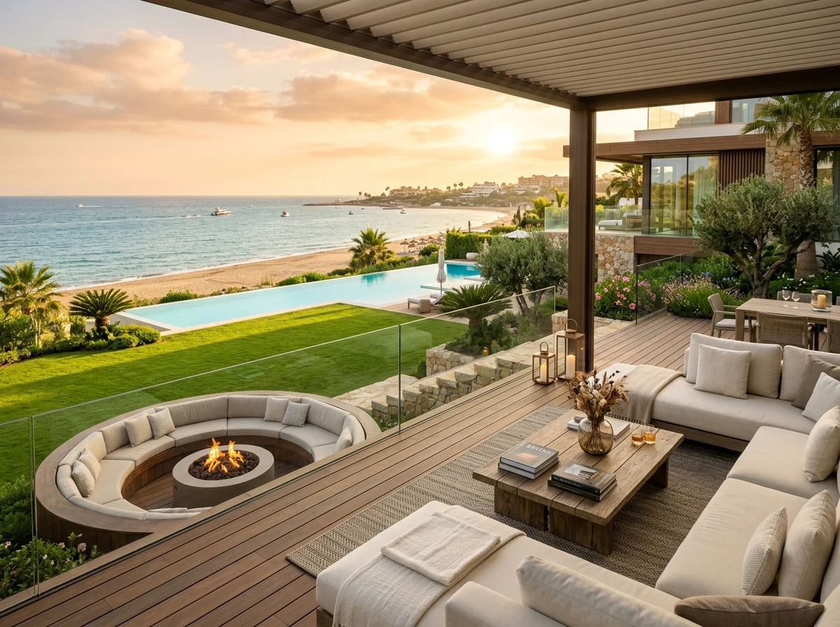 Beachfront luxury residential promenade along Estepona's New Golden Mile at golden hour