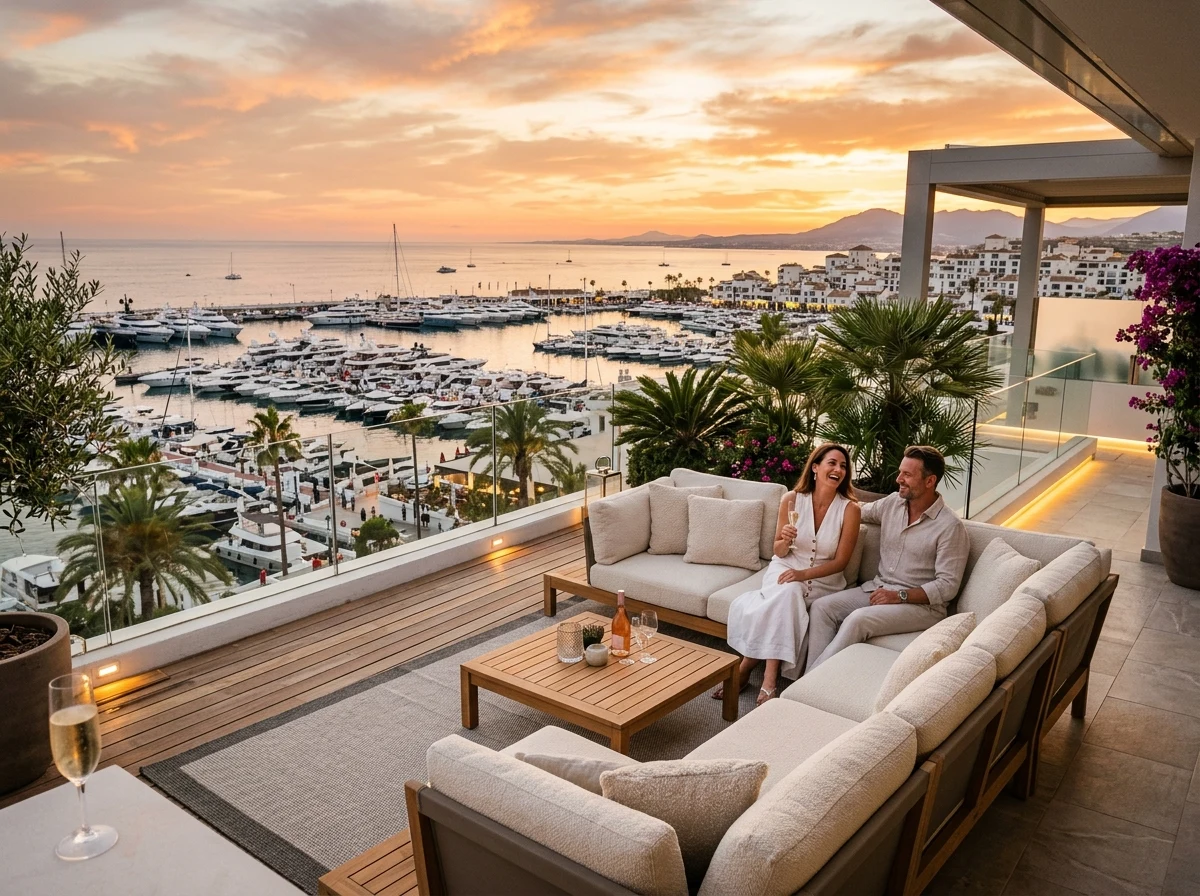 Luksus tagterrasse i penthouse i Puerto Banús med udsigt over marinaen ved solnedgang